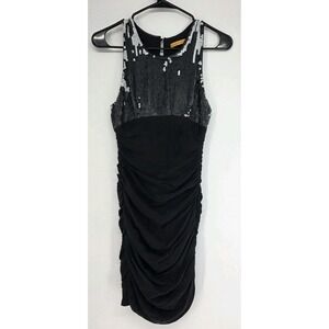Alice + Olivia Annette Sequin Bodice Draped Rouched Dress Black See Measurements